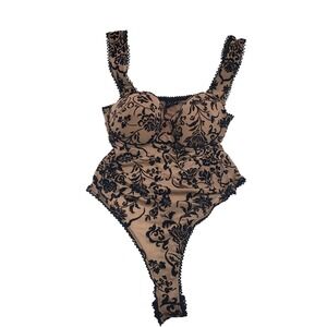 Windsor Womens Floral Flocked Underwire Bodysuit Large Nude Black